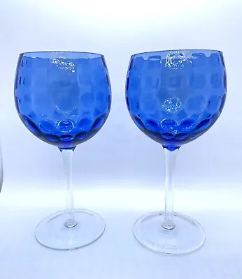 Buy Cobalt Blue Crystal Tall Wine Glasses Clear Stem Textured Indented Patern Set 2 • 29.19£