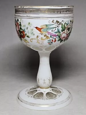 Buy 19th C. Bohemian Fine Enameled White Cut Overlay Goblet With Birds And Flowers • 168.67£