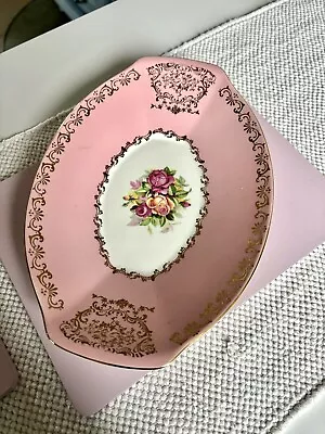 Buy FIGGJO FLINT NORWAY Baby PINK AND GOLD FLORAL DISH TRAY  VINTAGE FLORAL • 25£