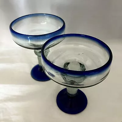 Buy Set Of 2 Authentic Hand Blown Mexican Cobalt Blue Rim Margarita Glasses • 24.03£
