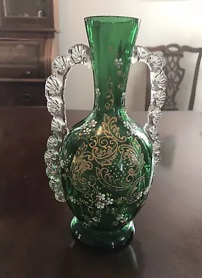 Buy Antique Victorian Two Handled Green Glass Vase Enamel Flowers Gilded 10.5  • 187.34£