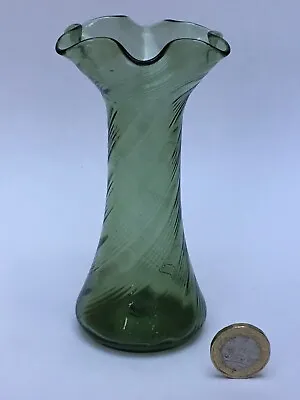 Buy Antique Art Nouveau 5” Green Glass Spiral Vase Wavy Rim, Late 19th C, 1900s, VGC • 13.50£