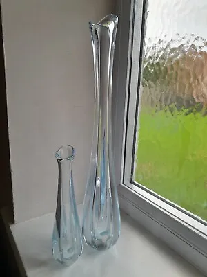 Buy Orrefors Nils Landberg Model  2 X Signed Ice Blue Glass Bud Vases • 97£