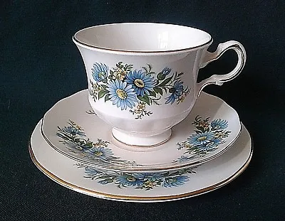 Buy Queen Anne Tea Trio Bone China Teacup Saucer & Side Plate Blue & Yellow Flowers • 44.95£