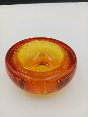 Buy WHITEFRIARS AMBER GLASS  CONTROLLED BUBBLE DISH 10cm WILLIAM WILSON C1950's • 15£