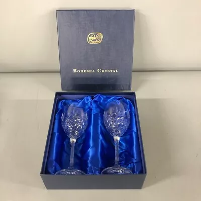 Buy Bohemia Crystal Wine Glasses Pair 24% Fine Cut Decorative 19 Cm Boxed  -FPL-CP   • 14.99£