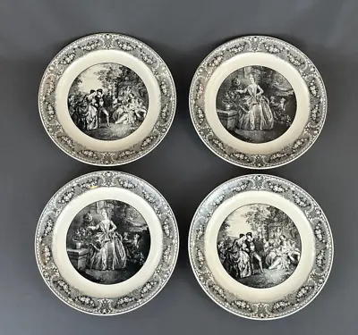 Buy 4 Antique U & Cie Sarreguemines France Black Transfer 8 ¾” Plates C. 1900 (B) • 96.29£