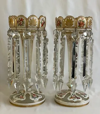 Buy Antique Victorian Pair Of Bohemian White Lustre Candlestick Glass Vases  • 2,450£