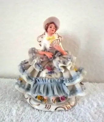 Buy 50s Dresden Hand Crafted Blue Lace Victorian Lady Flowers Fan Porcelain Figurine • 118.54£