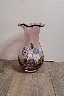 Buy Vtg Fenton Ruffled Edge Amethyst Purple Vase. 8”,  Hand Painted Floral Design • 25.89£