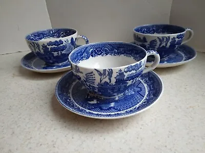 Buy Vintage Set Of 3 Blue Willow Cups & Saucers Japan Transferware Coffee Tea • 17.07£