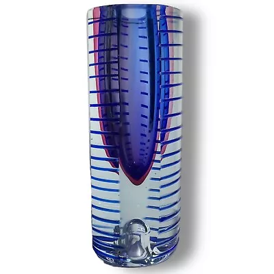 Buy Vintage Pavel Hlava Sommerso Blue Ribbed Cylinder Glass Vase Candle Holder 8 In • 86.57£