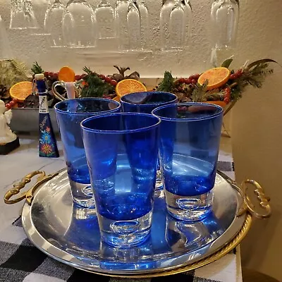 Buy Set Of 4 Handblown Cobalt Blue Tumblers Glasses W/ Suspended Bubble In Base 12oz • 52.18£