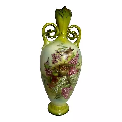 Buy Two Handled Bud Vase Handpainted Vintage Porcelain Bird Design Green 9.5  Tall • 22.99£