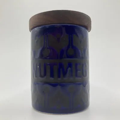 Buy Vintage Hornsea “Nutmeg” Heirloom Blue Embossed Ceramic Jar With Wooden Lid • 19.95£