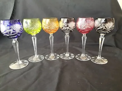 Buy 6 Bohemian Crystal Harlequin Coloured Wine Hock Glasses Overlay Cut Glass 6oz • 149.99£