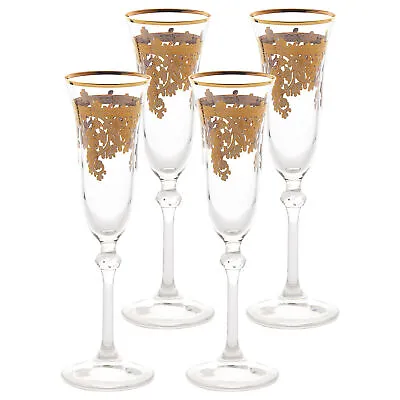 Buy Elegant And Modern 24K Gold Crystal Glassware - 5 Oz, Flute Goblets, Set Of 4 • 76.81£