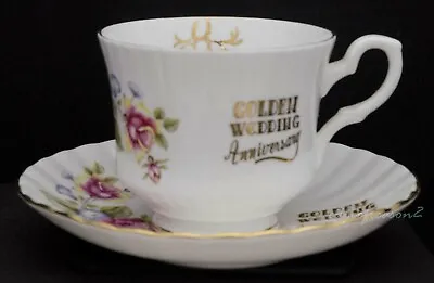 Buy ROYAL STAFFORD BONE CHINA CUP AND SAUCER GOLDEN WEDDING ANNIVERSARY X 2 • 5.49£