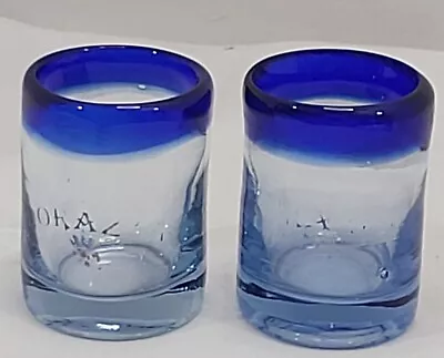 Buy Vintage Mexican Hand Blown Blue Glassware Cobalt Rim 2.5 T Shot Glass Lot Of 2 • 9.42£