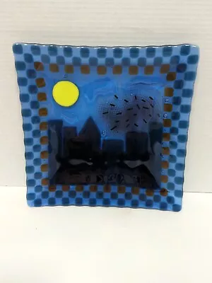 Buy Vintage Recycled Art Glass City Scape Sun Squares Cobalt Blue Signed 2001  • 43.33£