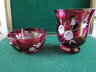Buy Cranberry Crystal Hand Cut Floral Glass Tumbler & Bowl • 17.99£