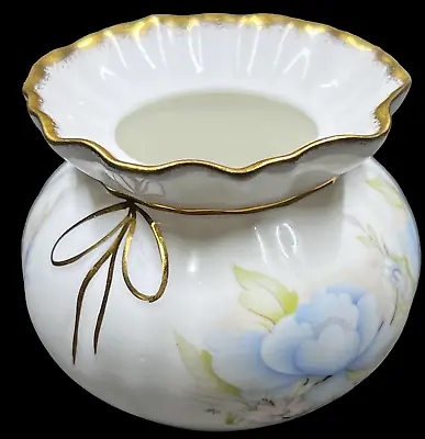 Buy Vintage Fenton Vase Bone China Blue Flowered Design Ruffled Rim Gold Trim 3  • 25.53£