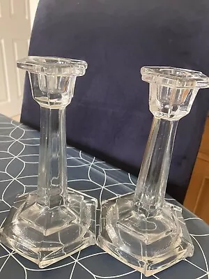 Buy Pair Of Vintage Heavy Clear Glass Candlesticks • 5£