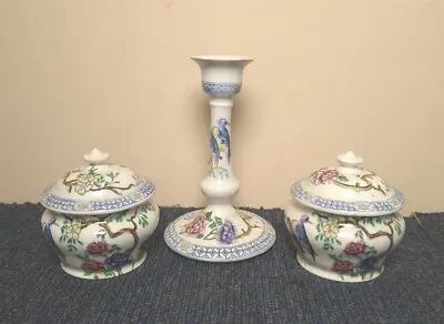 Buy Antique Cetem Ware Floral Dressing Table Set Candlestick & 2 Lidded Jars / Pots • 14.99£