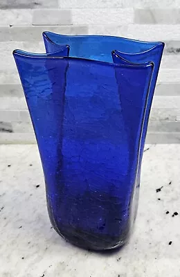 Buy Blenko Cobalt Blue Crackle Glass Folded Paper Bag Shaped Vase 8 1/4  Tall • 36.58£