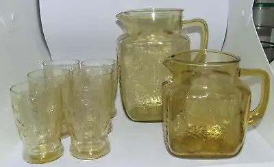 Buy Vintage Federal Glass Madrid Pattern Amber Depression 2 Pitcher 6 Glasses 8 Pc. • 84.84£