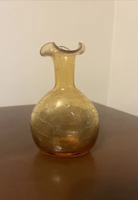 Buy Vintage Mid Century Hand Blown Amber Crackle Glass Vase Ruffled Rim Unmarked EUC • 23.79£