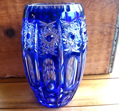 Buy New~Hand Cut 24% Lead Crystal To Cobalt Blue Bohemian Large 10  Vase, Poland, Ex • 117.65£