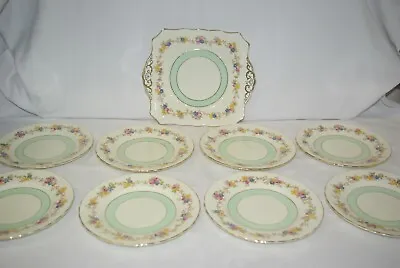 Buy Art Deco Tuscan Floral Chintz Mint Green 9 Piece Cake & Side Plate Sandwich Set • 20£