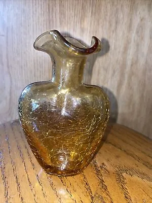 Buy Vintage Yellow Handblown Amber Crackle Glass Vase Heart Shape Scallop Neck 5  • 18.25£