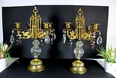 Buy Pair Antique Metal Glass Dragon Griffin Candelabras Candle Holders Rare  • 436.12£