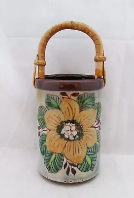 Buy Vintage Chelsea Studio Pottery Pot With Bamboo Handle, Hand Painted Flower • 4.99£
