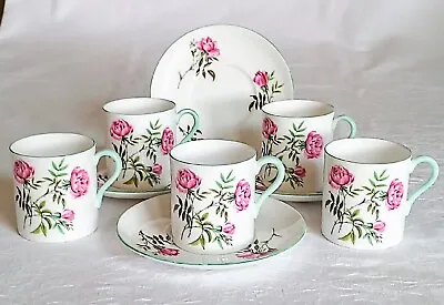 Buy Shelley China Eglantine 5 Coffee Cups & 4 Saucers #2383 Pink Flowers Green Trim • 69£
