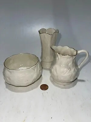 Buy Belleek Pottery Ireland Lotus Cream Pitcher, Sugar Bowl, + Vase • 33.11£