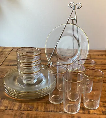 Buy Vintage MCM 1940's Gold Rim Band Federal Glass Set Of 16 Glasses, Bowls & Dishes • 45.08£