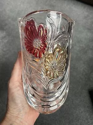 Buy Vintage Pressed Glass Heavy Flower Vase 16cm X 10cm Wide Rim Iridescent Flowers • 20£