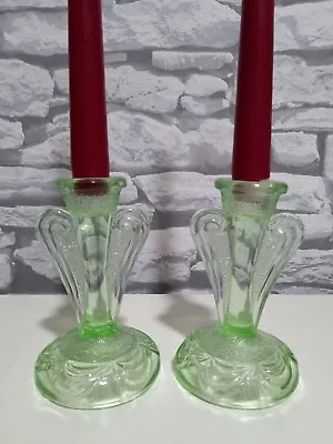 Buy VINTAGE ! ART DECO - SET Of 2  GREEN GLASS  CANDLE HOLDERS Size: 13cm / 5  Tall • 19.99£