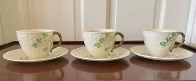 Buy Belleek Porcelain Shamrock Tea Cups & Saucers 3rd Black Mark 1926-46 Set Of 3 • 118.74£