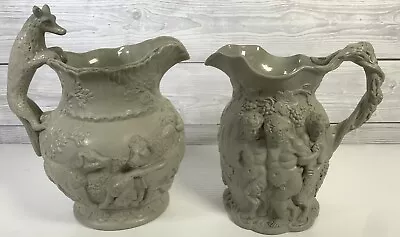 Buy Pair Of Antique Minton Relief Mildred Jugs Fox & Hounds Bacchus - Damage • 85£