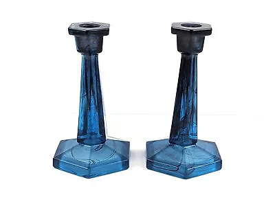 Buy Pair Of Antique Davidson Art Deco Blue Cloud Glass Tall Candlesticks, Model 2834 • 65£