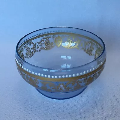 Buy Blue Tinged Glass Bowl With Gilded & White Enamel Decoration - Italian • 20£