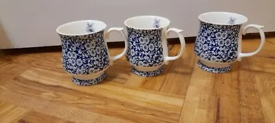 Buy Queens Victorian Calico Fine China Footed Mug Cup Blue White Chintz Vgc Set X3 • 40£