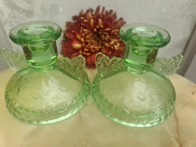 Buy Sowerby Glass Butterfly Candlesticks art Deco  Green Candle Holders Set Of Two • 14.99£