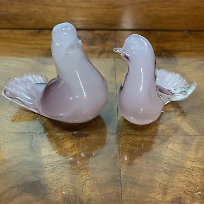 Buy Delicate Small Clear & Pink Satin Art Glass Pair Of  Doves Pigeons Love Birds • 19.99£