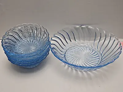 Buy Bagley Blue Glass 7 Piece Bowl Set Carnival Swirl 849118 Art Deco • 27.99£