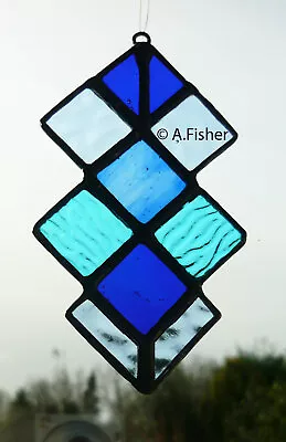 Buy Stained Glass Harlequin Squares Blues Suncatcher Handmade 12cms (4.75ins) NEW • 8.75£